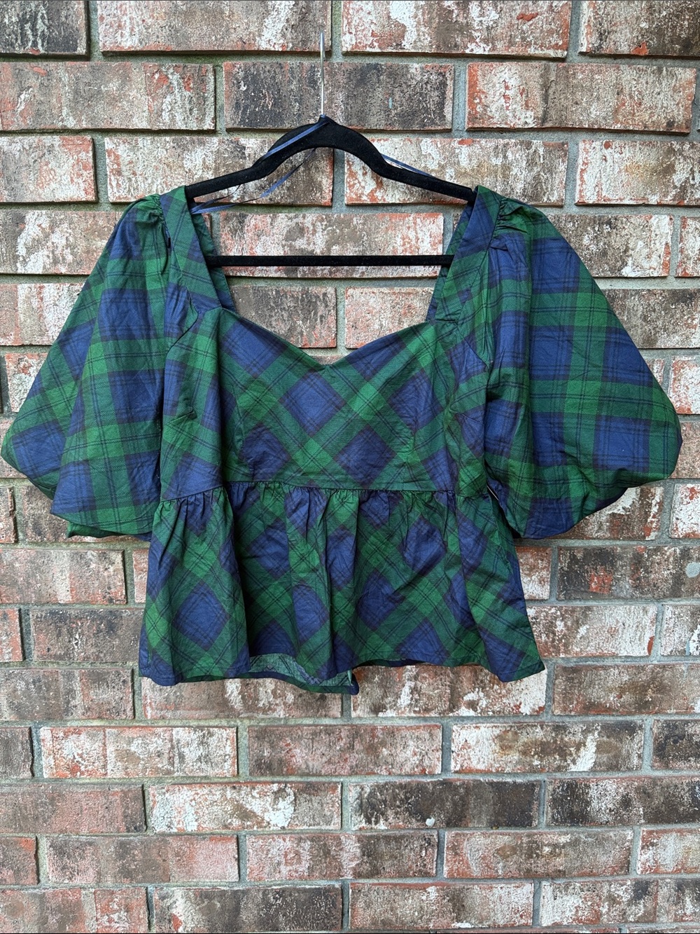 NWT Old Navy Plaid Puff Sleeve Peplum Top - Green/Blue Tartan Plaid